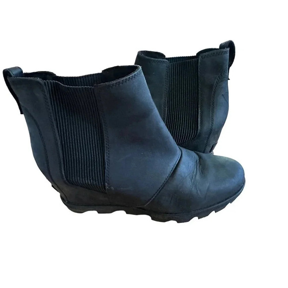 Sorel Joan Of Arctic Wedge II Chelsea Black Leather Booties Platform 10.5 NL3022 - Picture 1 of 8